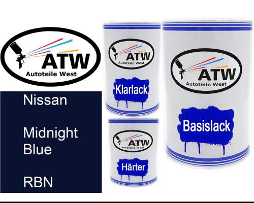 Nissan, Midnight Blue, RBN: 500ml Lackdose + 500ml Klarlack + 250ml Härter - Set, von ATW Autoteile West.